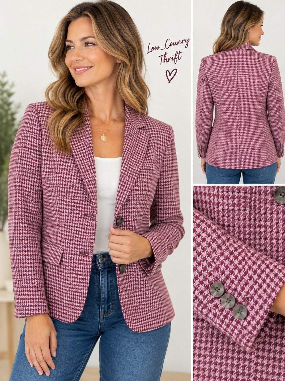 Talbots Shetland Wool Houndstooth Blazer Women's 16 Pink Burgundy Lined